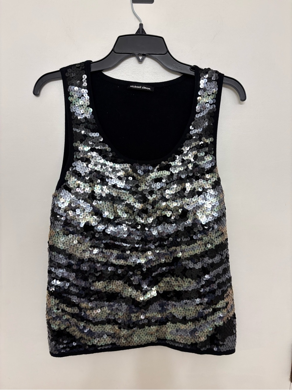 Michael Simon New York Sequin Tank Top Wavy Stripe Black Silver Gold Y2K VTG XL